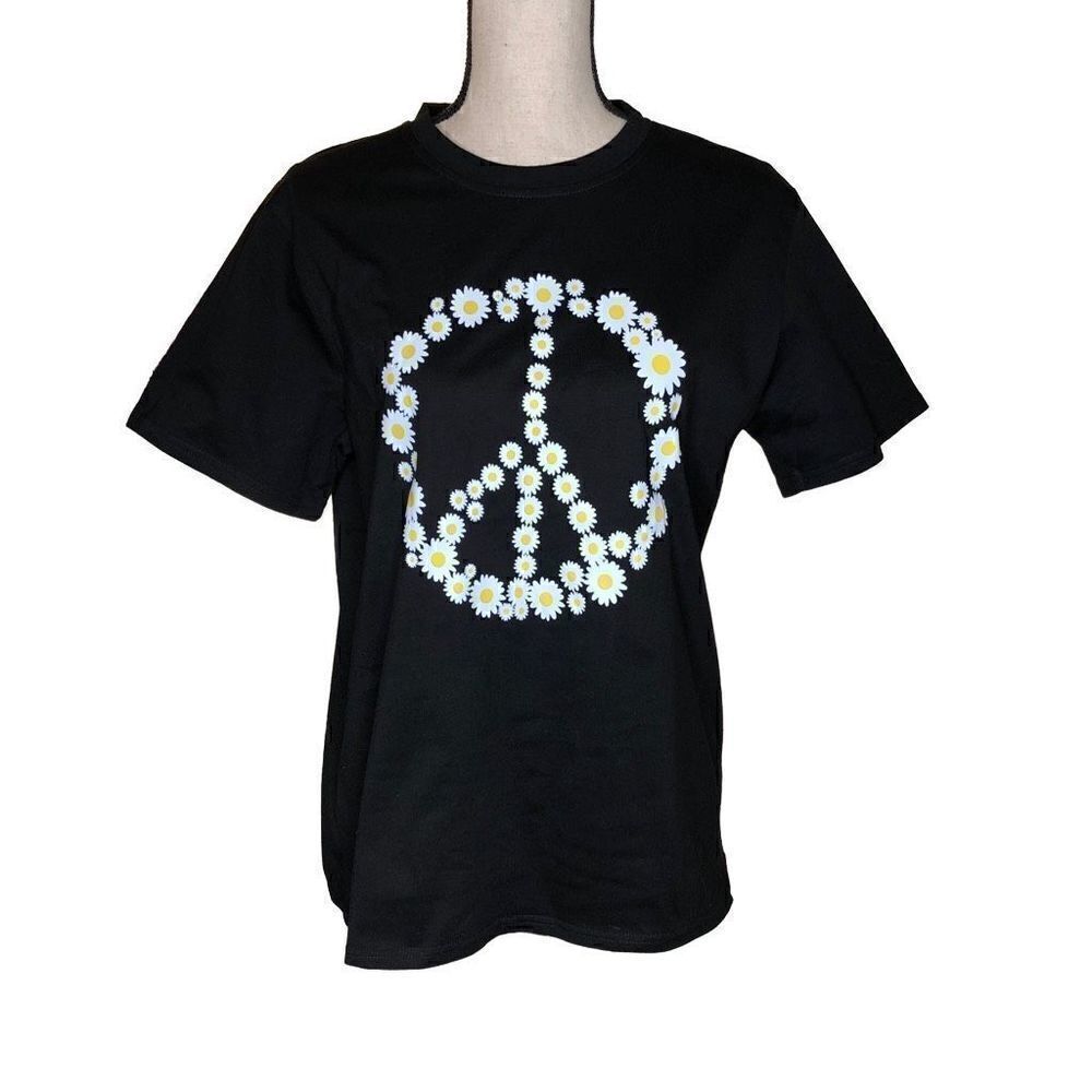 NEW Unishe Black T Shirt with Daisy Peace Sign NWT